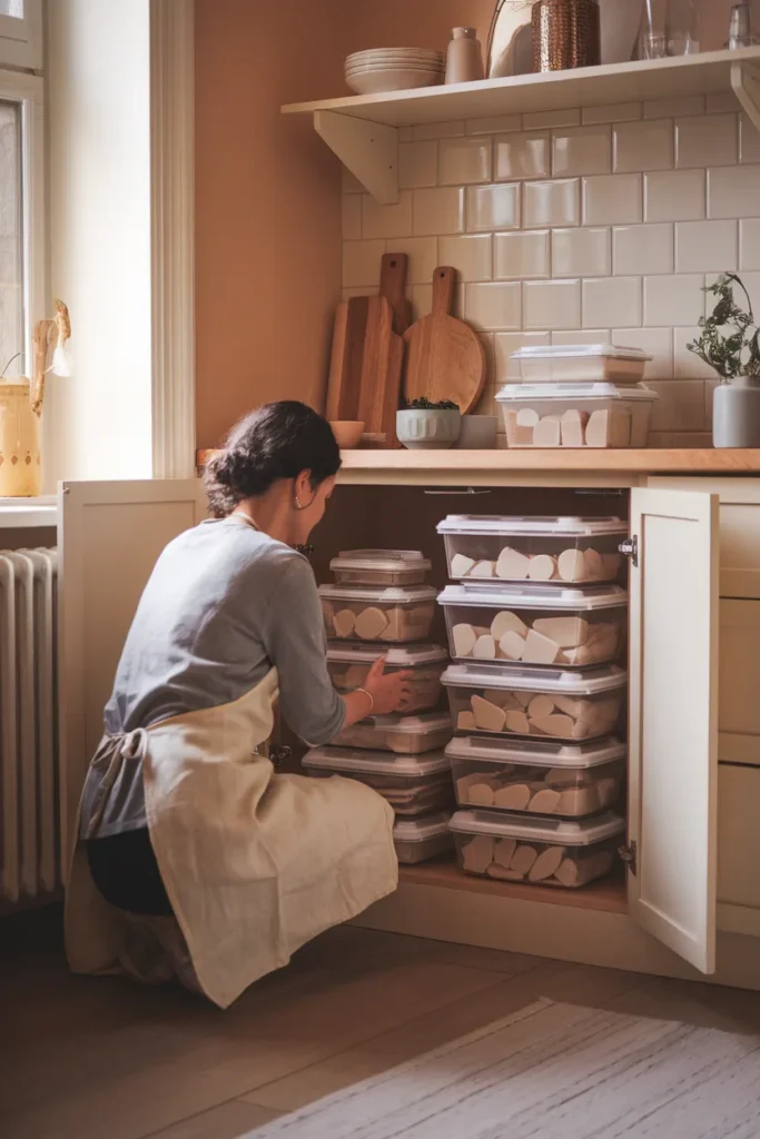 Food container organization in a neat kitchen cabinet with stacked bins and upright lids