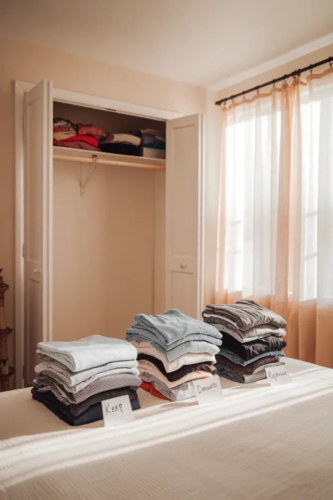 Four-pile closet sort with keep, donate, repair, and relocate stacks on a bed