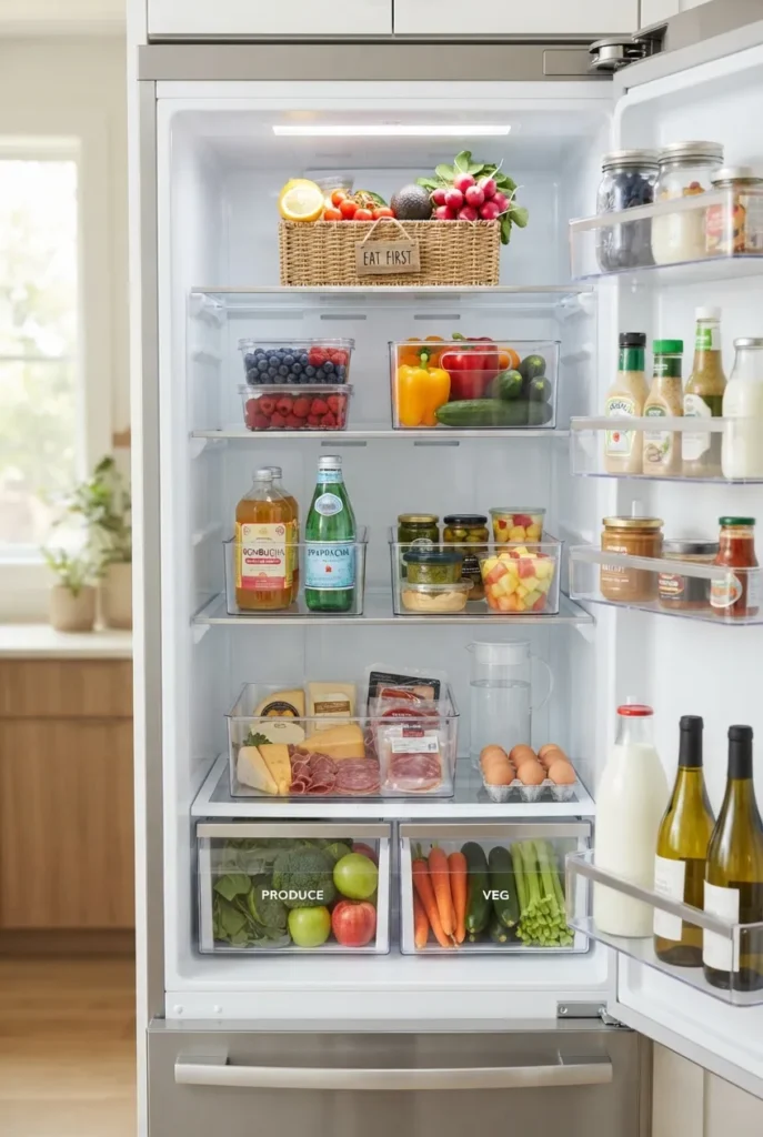 Fridge organization bins arranged in clear stackable rows with an eat-first basket