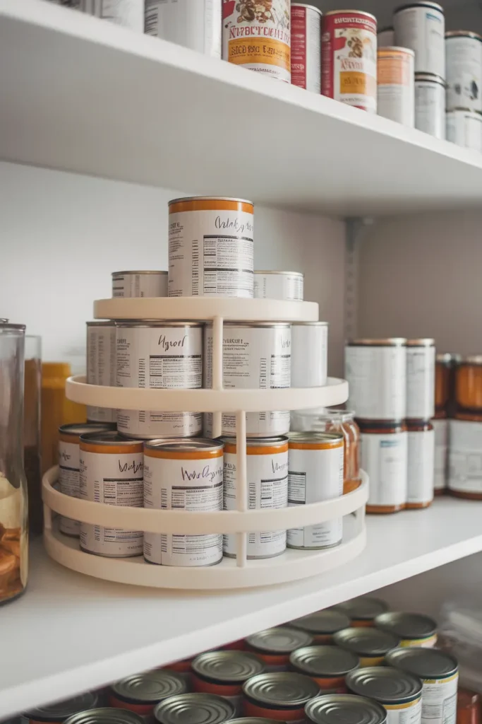 Front-to-back can rotation keeping a corner pantry food safe and fresh