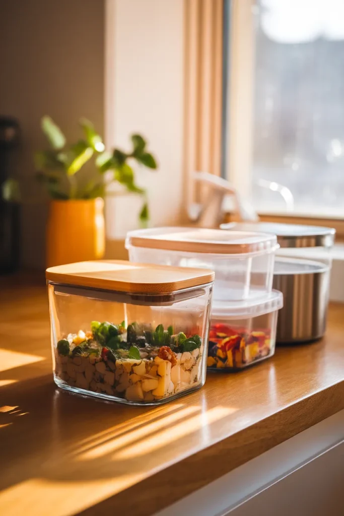 Glass, clear plastic, and stainless food storage containers compared on a counter