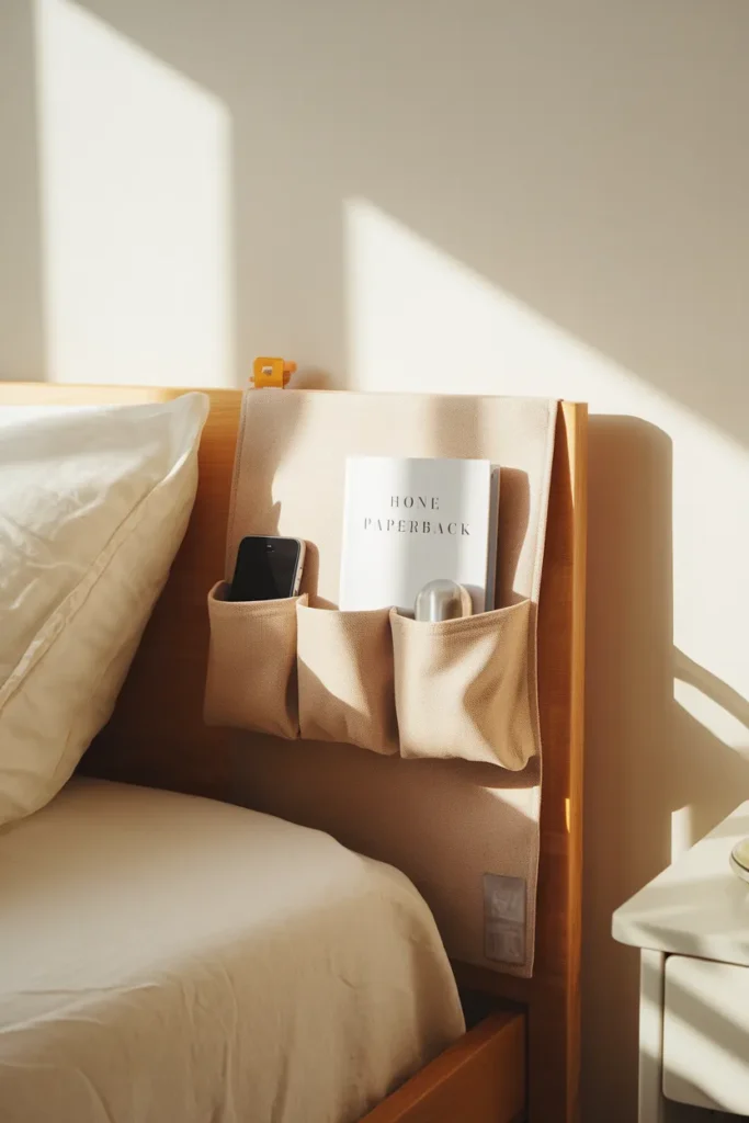Headboard caddy holding a phone and book when there is no room for a nightstand