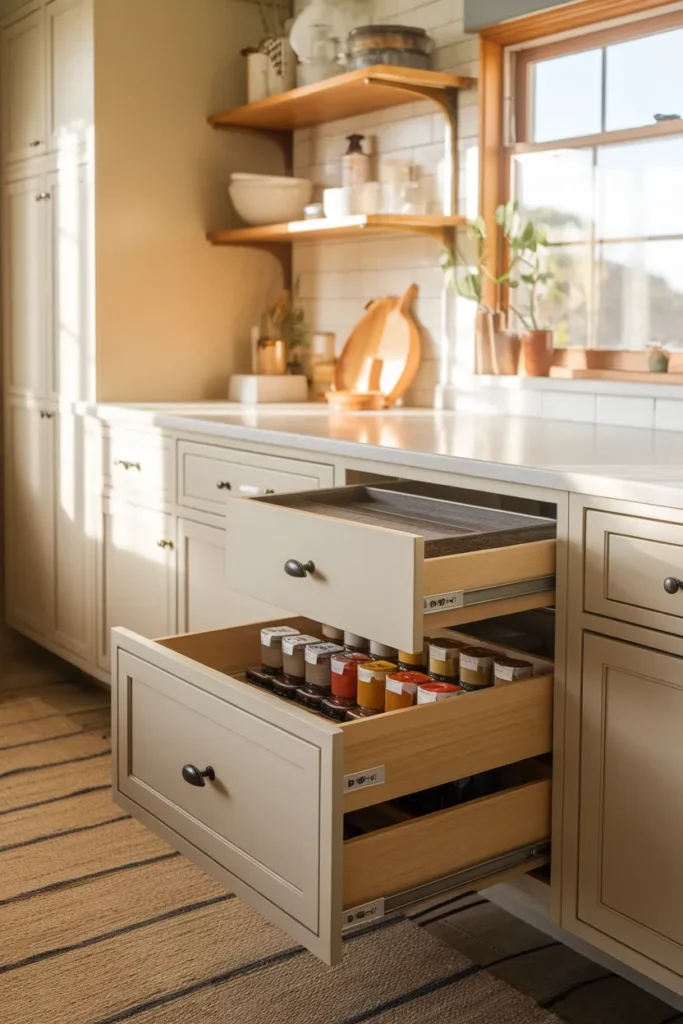 Hybrid spice drawer organization with a flat drawer and a vertical drawer