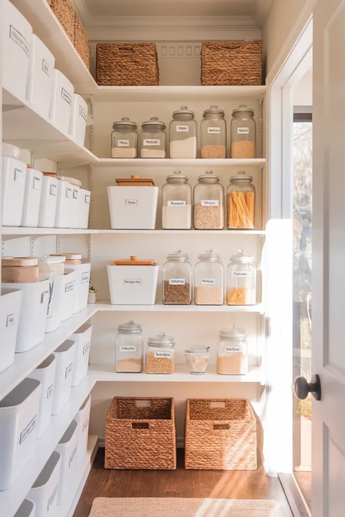 IKEA pantry organization with clear labeled jars and bins on bright shelves