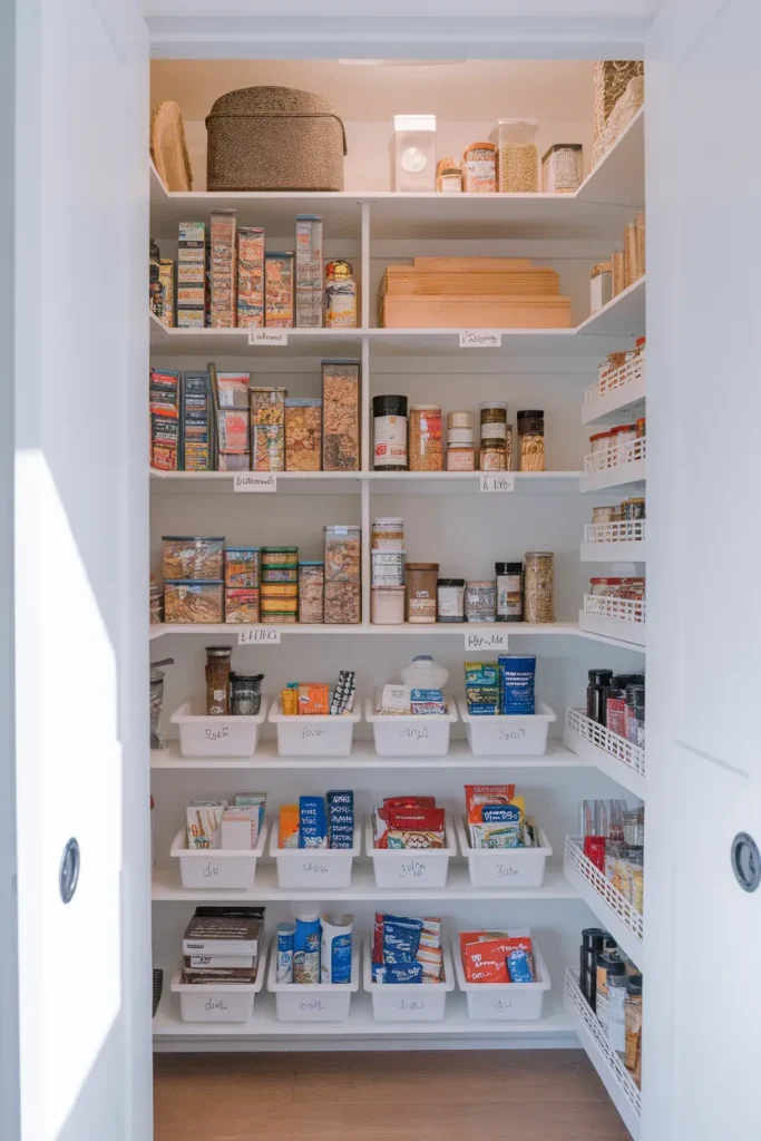 IKEA pantry organization zone map with labeled shelves for snacks, staples, and bulk