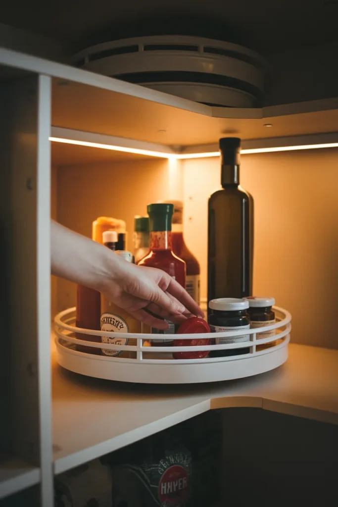 KLIPPKAKTUS turntable spinning sauces in an IKEA pantry organization corner