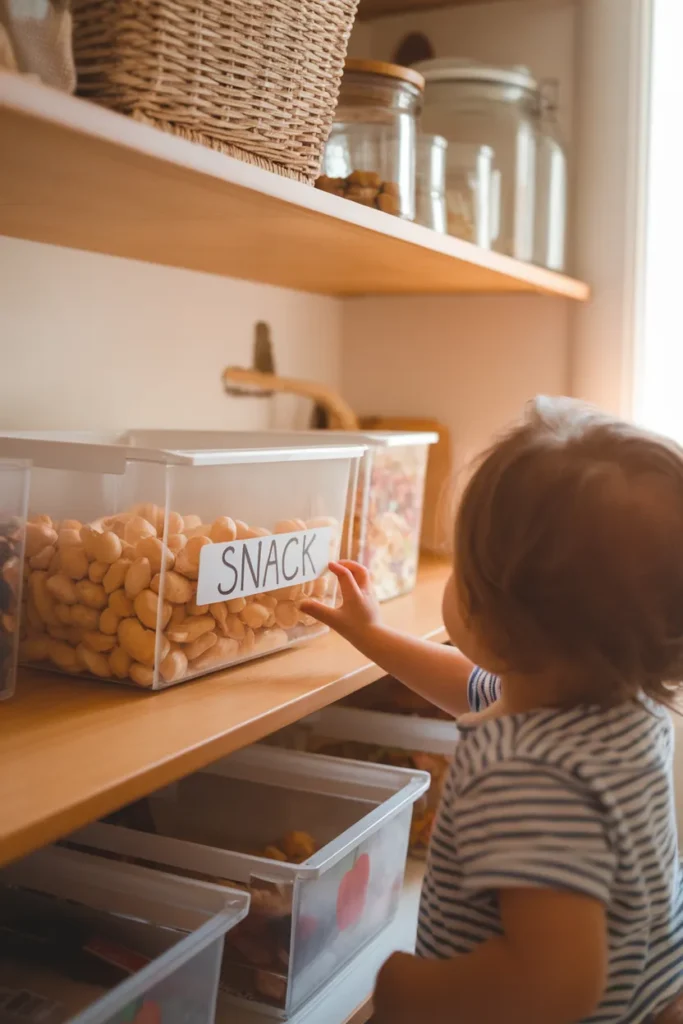 Kid friendly aesthetic pantry organization with picture labeled snack bins on a low shelf