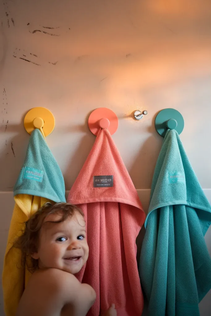 Kid-height Command hooks holding hooded towels in a kids bathroom