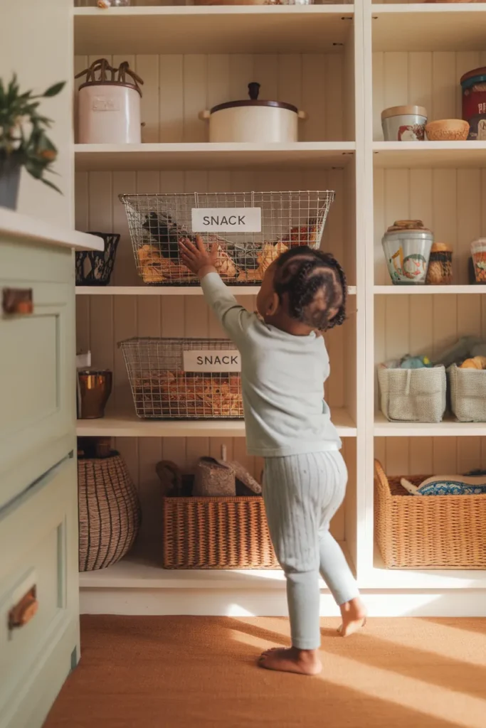 Kid-height snack basket in an IKEA pantry organization system