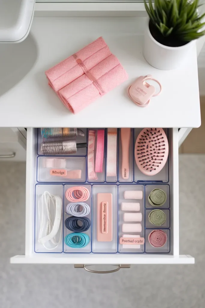 Kids bathroom drawer with clear dividers sorting hair ties and bandages
