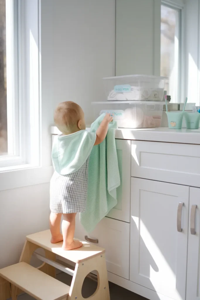 Kids bathroom organization hero child on a step stool reaching a towel on a low hook