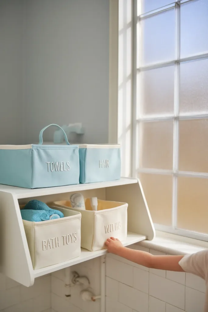 Kids bathroom organization shelf with labeled bins at child height