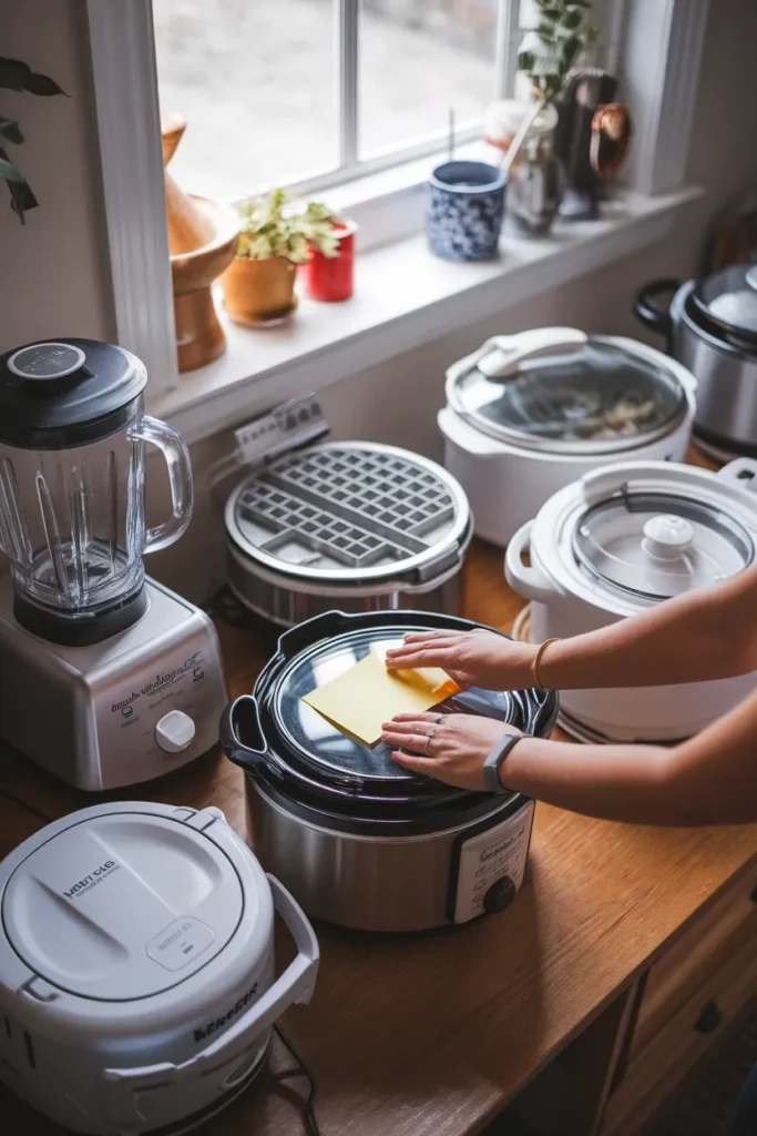 Kitchen appliance organization audit with all small appliances gathered on a table and sticky notes