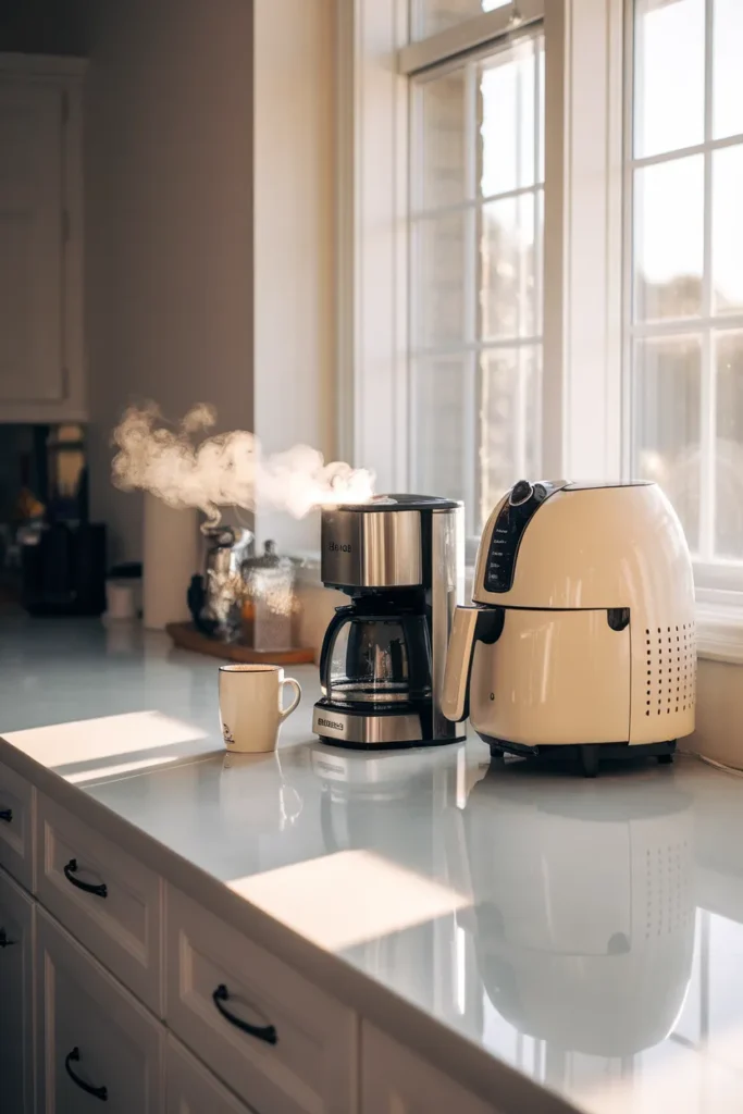 Kitchen appliance organization counter rules, only a coffee maker and air fryer on a clear counter