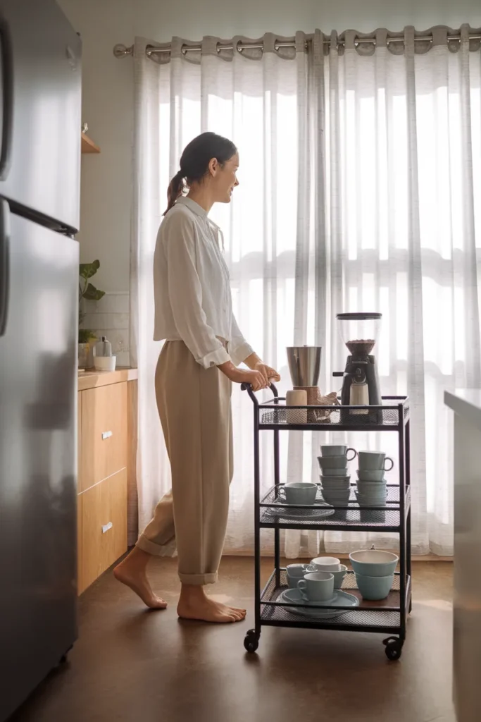 Kitchen appliance organization for renters, rolling cart coffee station in a small kitchen