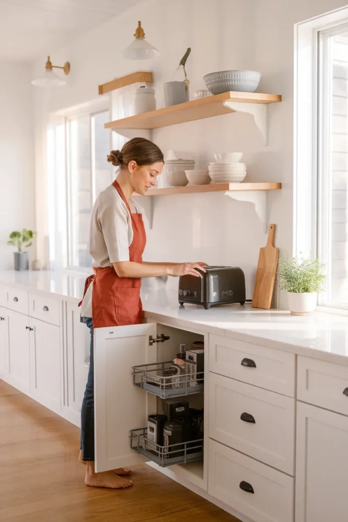 Kitchen appliance organization hero, woman tucking a toaster into an appliance garage on a clear counter