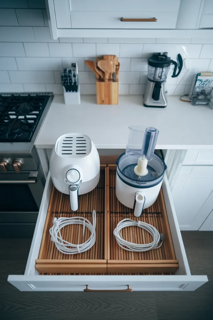 Kitchen appliance organization in a deep drawer, upright air fryer and food processor with dividers