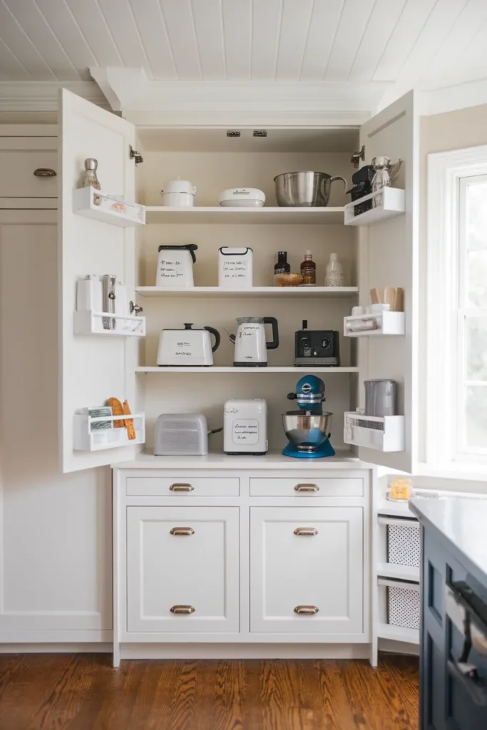 Kitchen appliance organization ladder cabinet with four labeled shelves zoned by frequency of use