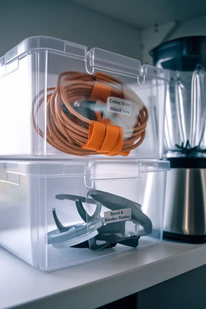 Kitchen appliance organization one bin rule, clear bin with coiled cords and a blade canister