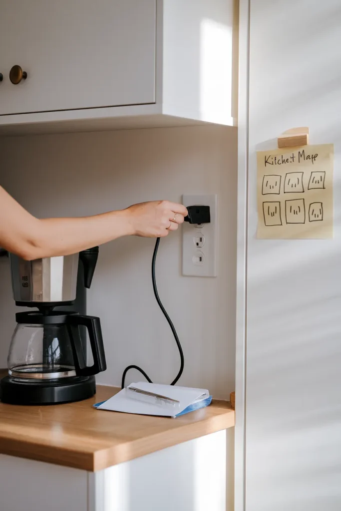 Kitchen appliance organization outlet map, plugging a coffee maker directly into a wall outlet