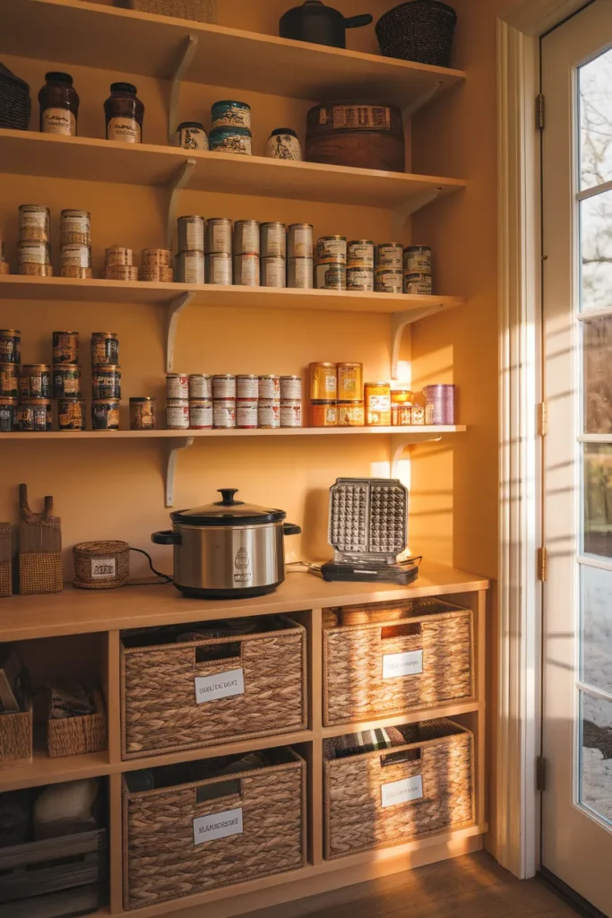 Kitchen appliance organization pantry zone, slow cooker stored in a labeled basket on a low shelf