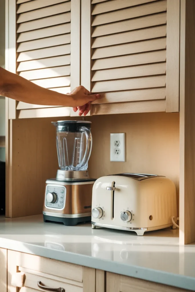 Kitchen appliances organization idea, tambour appliance garage door lifting to reveal a blender