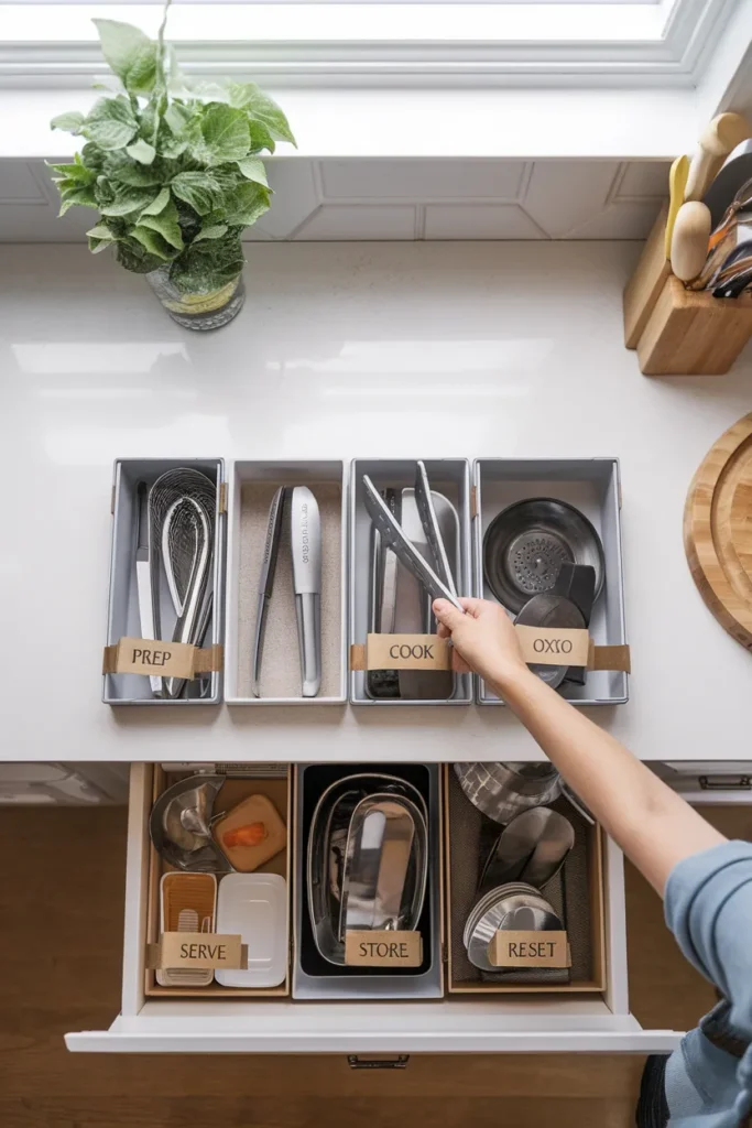 Kitchen drawer organization 5-Job Drawer Map with items sorted into five labeled groups on a counter