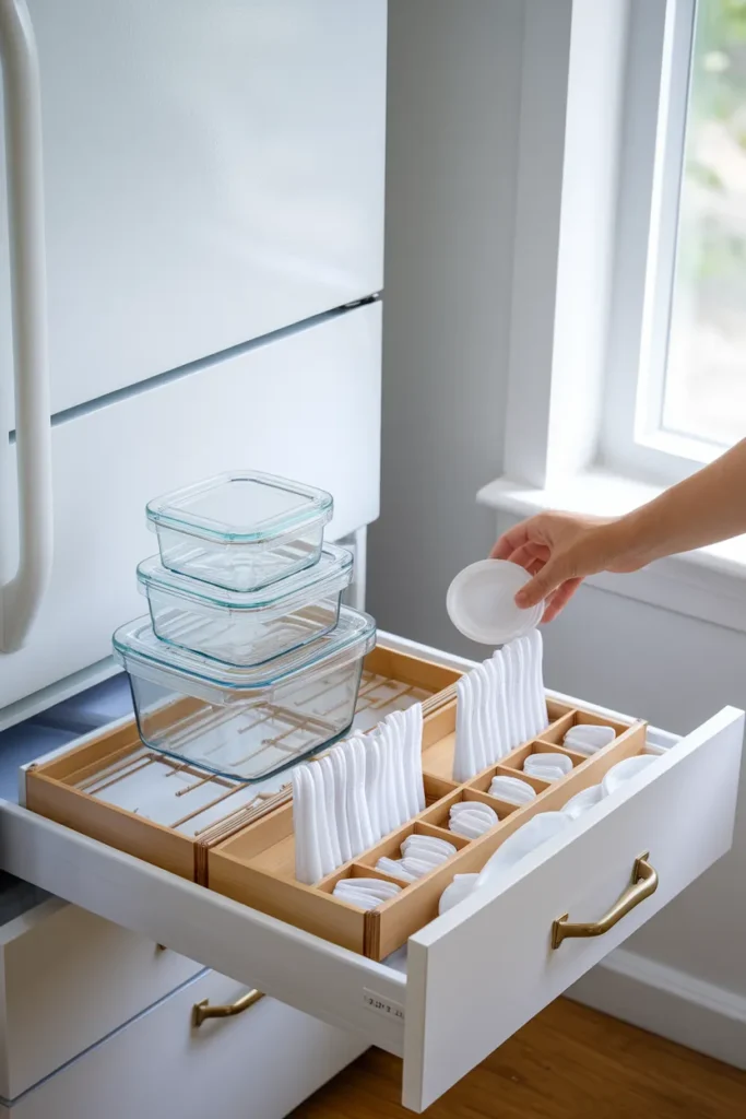 Kitchen drawer organization food storage drawer with two container sizes stacked and lids filed upright