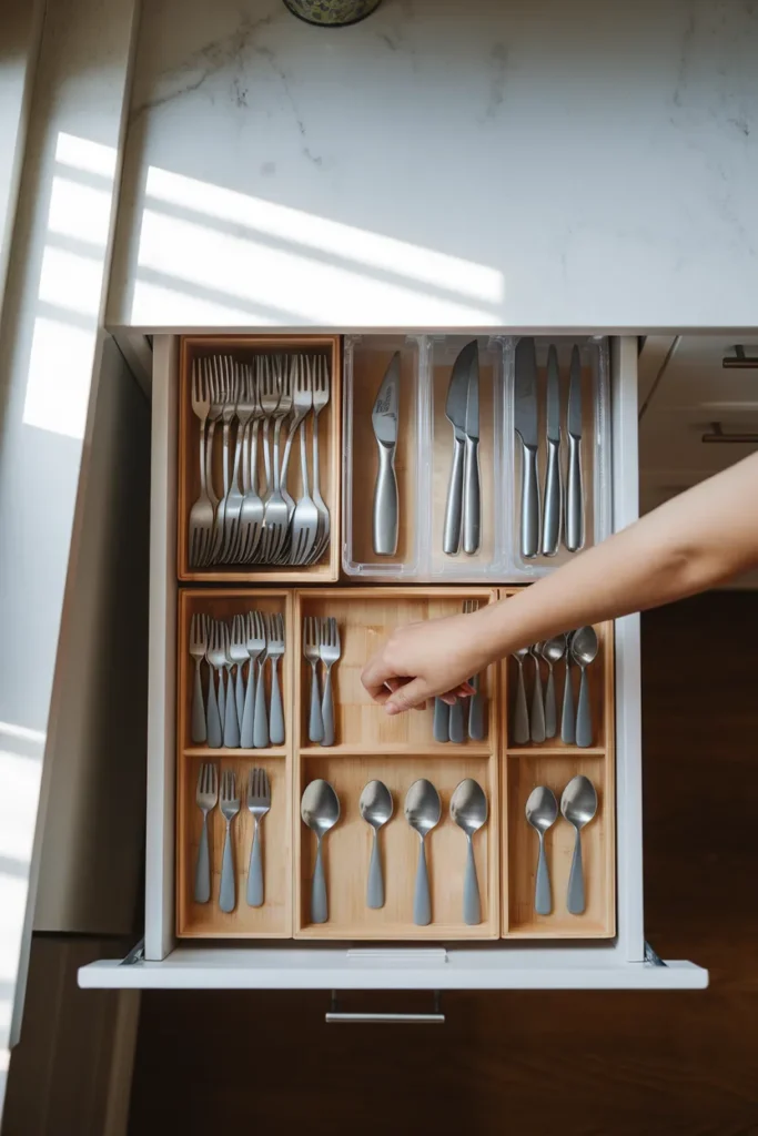 Kitchen drawer organization for silverware using an expandable bamboo flatware tray with acrylic bins