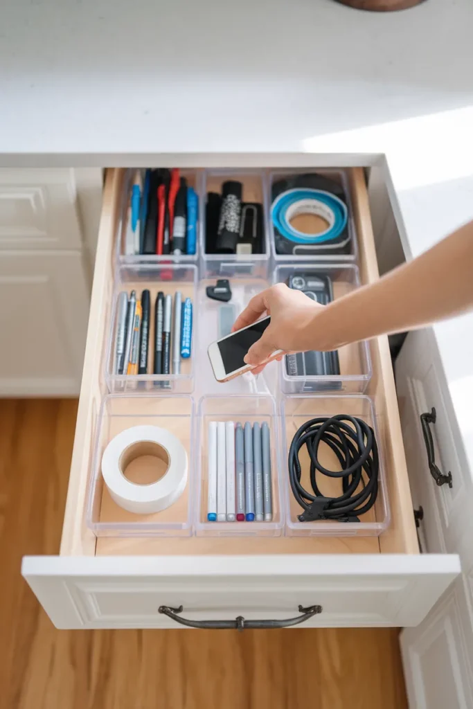 Kitchen drawer organization junk drawer reset with clear acrylic bins, battery case, and chargers