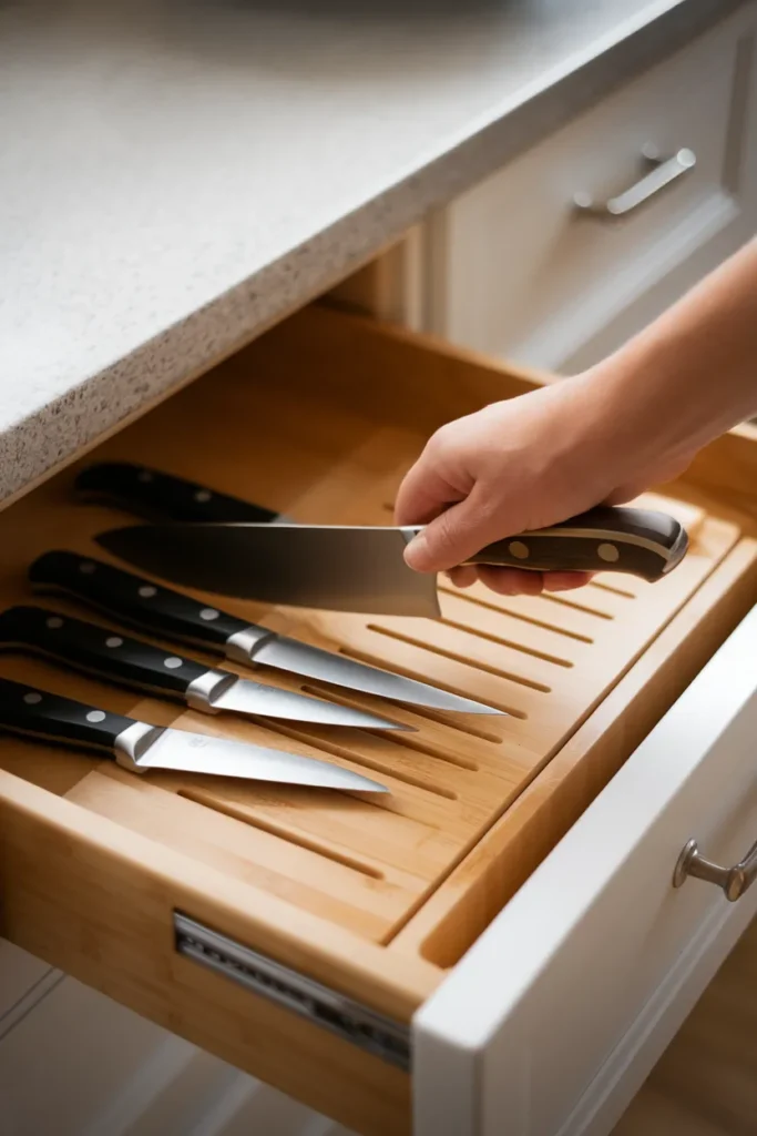 Kitchen drawer organization knife drawer with a bamboo in-drawer knife block holding blades edge down