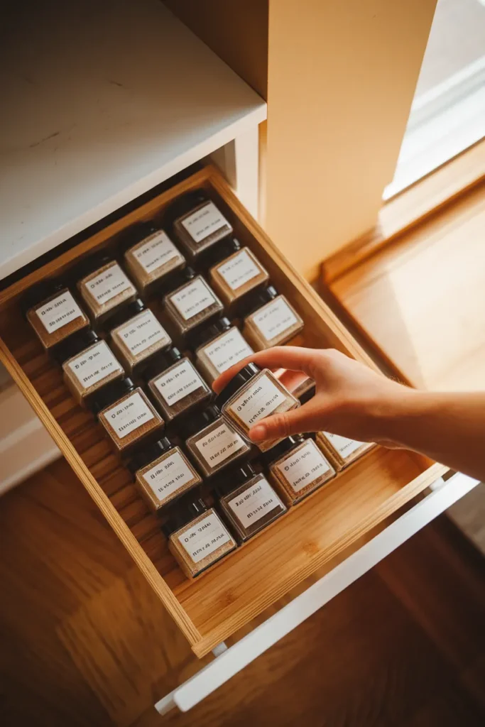 Kitchen drawer organization spice drawer with tiered insert and labeled 4 ounce jars laid flat
