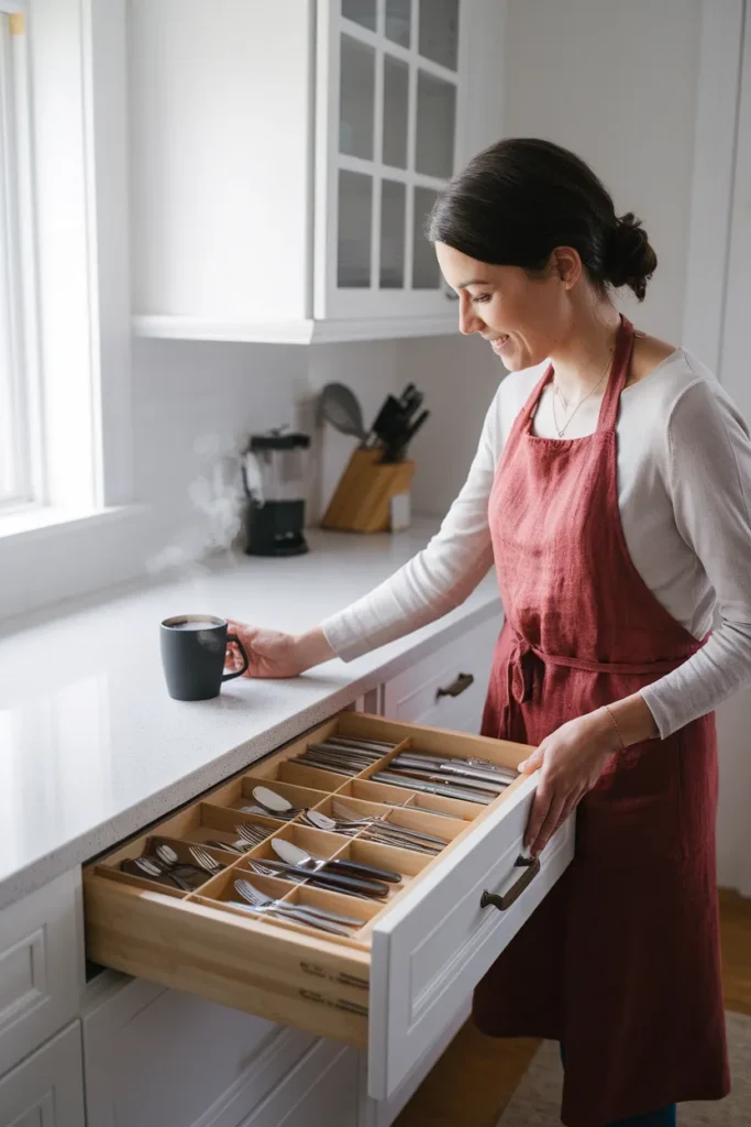 Kitchen drawer organization system shown in an open zoned silverware drawer in a bright oak kitchen
