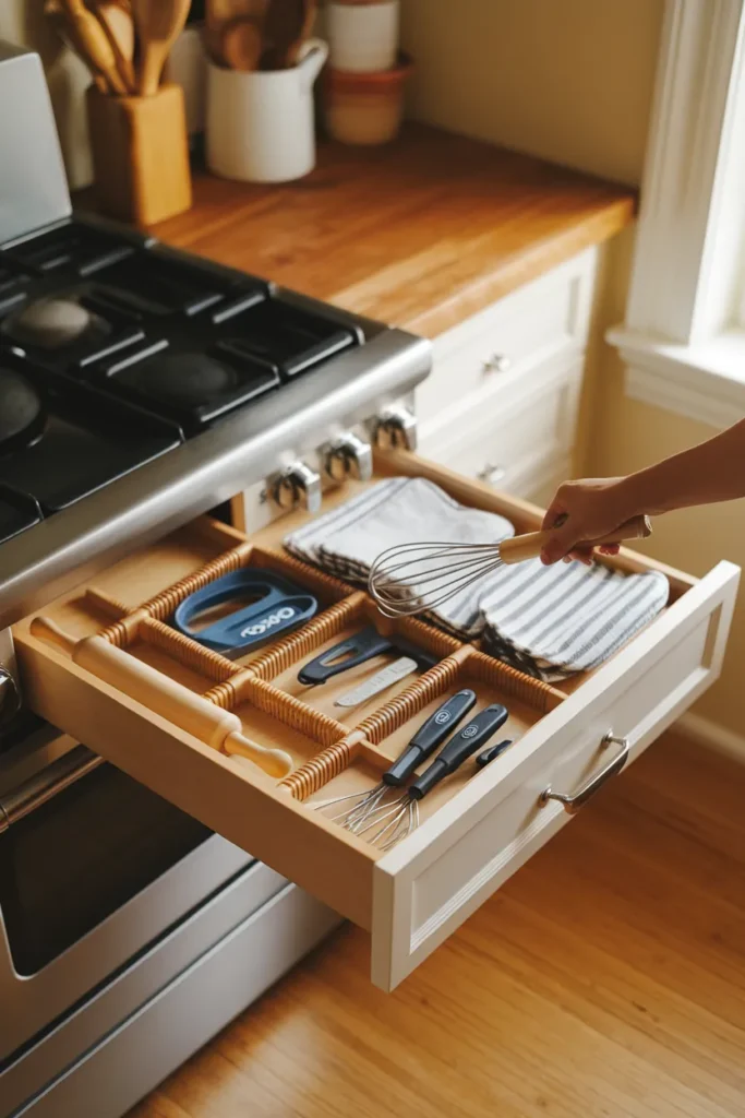 Kitchen drawer organization utensil drawer with bamboo divider lanes holding OXO tools and a rolling pin