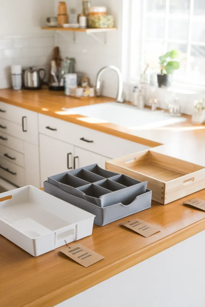 Kitchen drawer organizer comparison with plastic, adjustable, and bamboo utensil trays lined up