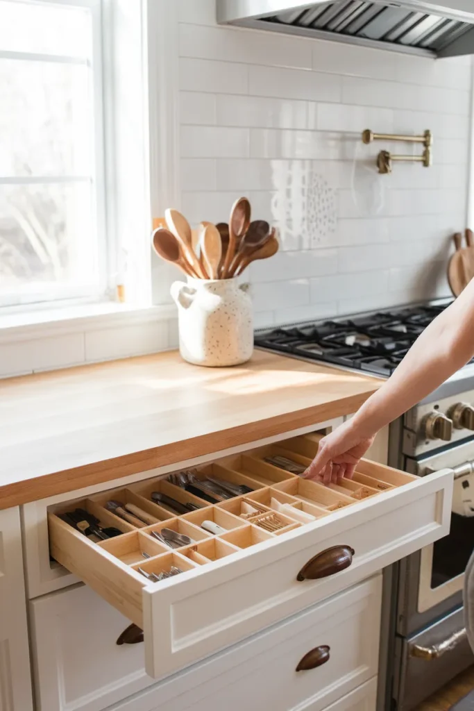 Kitchen utensil organization hero with a bamboo drawer tray and wooden spoon crock in a bright kitchen