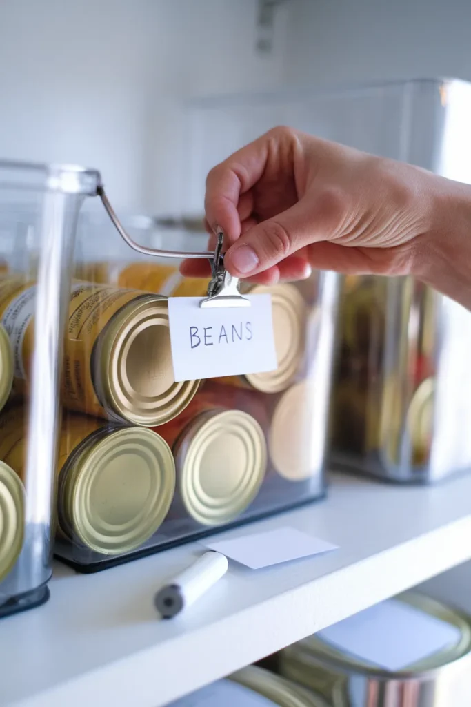 Labeled can bins with clip on tags keeping pantry can organization tidy for the whole family