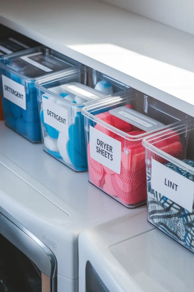 Labeled clear bins for detergent pods and dryer sheets on a counter