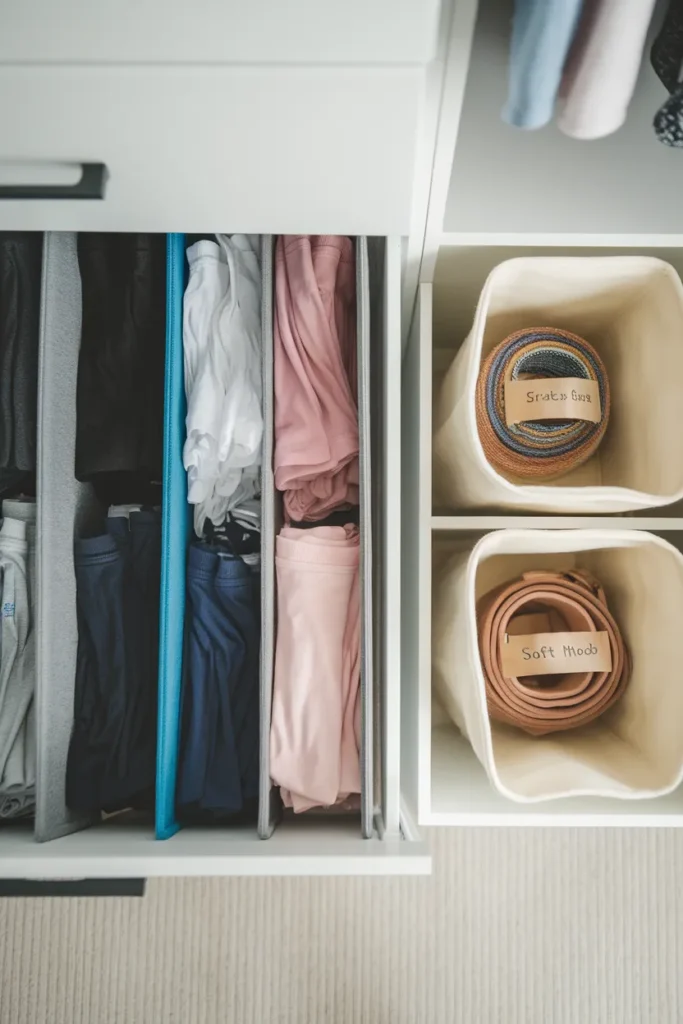Labeled closet bins and fabric dividers with vertically folded clothes
