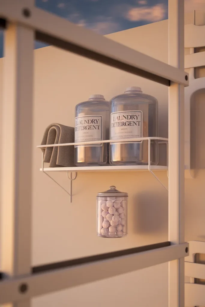 Labeled detergent containers stored high on a laundry room shelf, safe from kids and pets