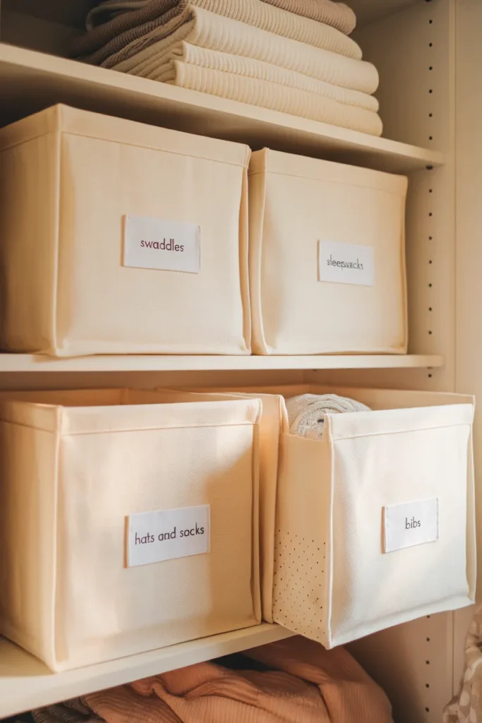Labeled fabric bins for nursery closet organization of swaddles and socks