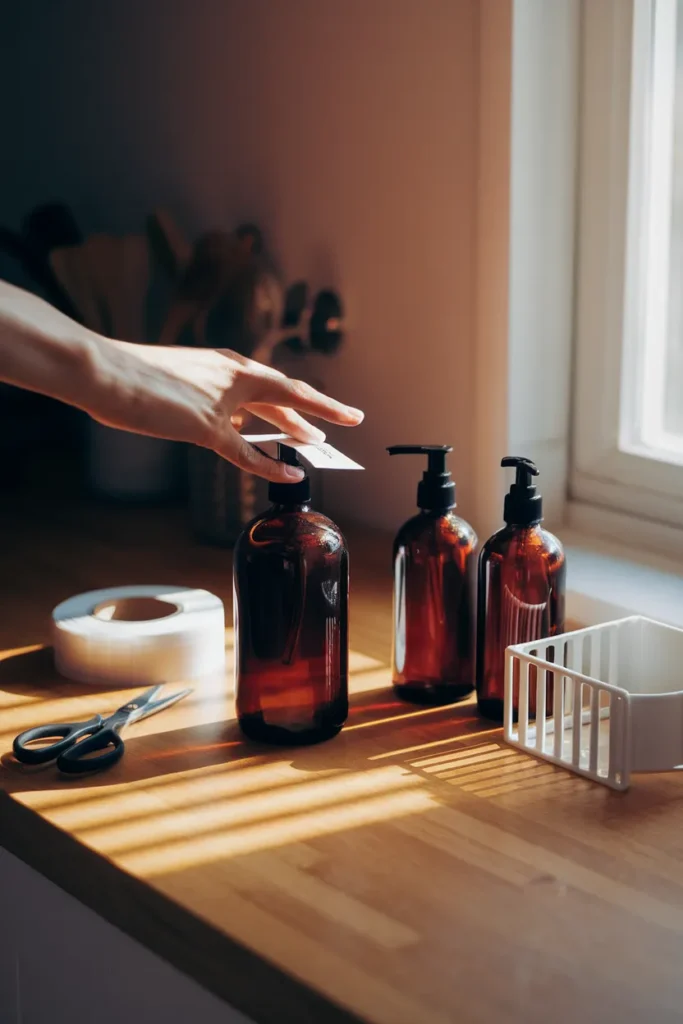 Labeling amber refill bottles for a matching under kitchen sink organization system