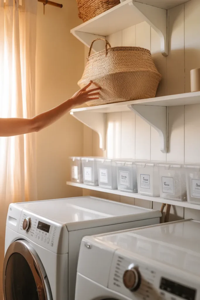 Laundry room organization idea with woven baskets on a wall shelf above a white washer and dryer