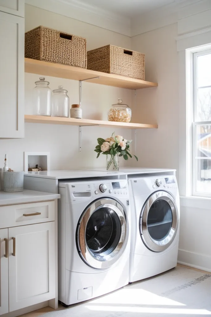 Laundry room organization storage white shelves and labeled baskets above the machines