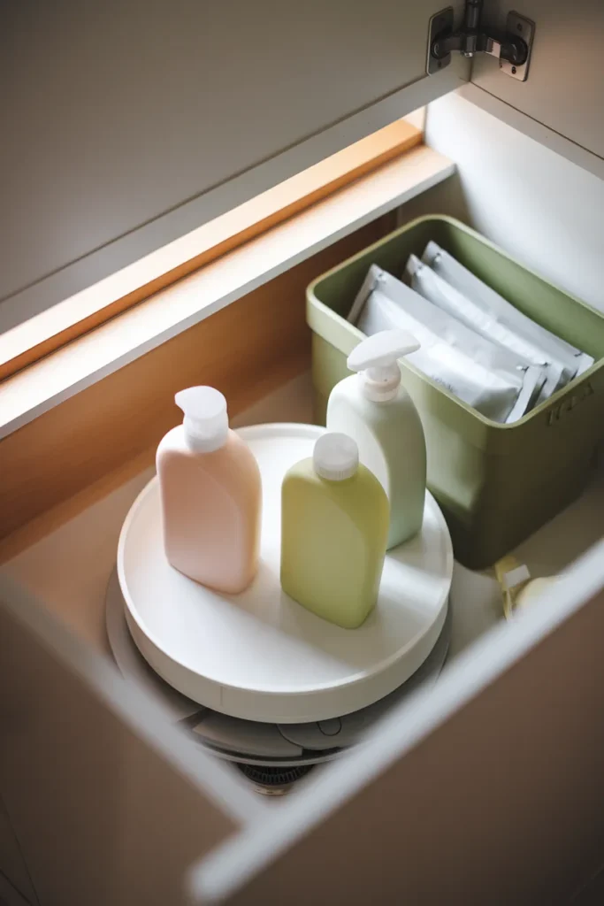 Lazy Susan turntable organizing daily cleaning sprays under the kitchen sink