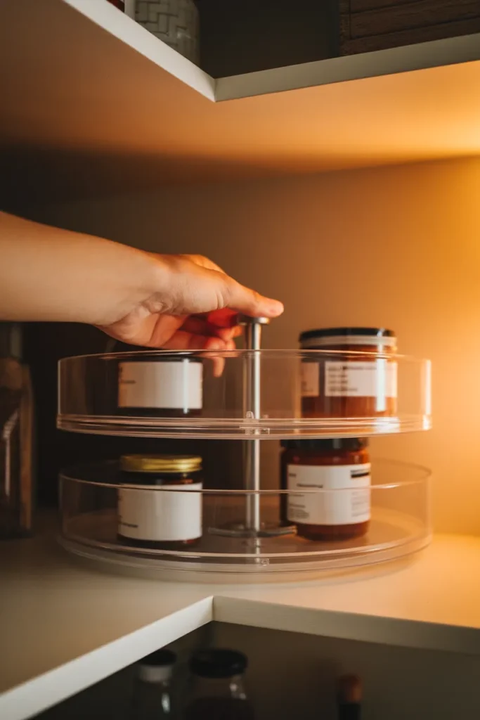 Lazy Susan turntable solving the dead corner in a deep corner pantry