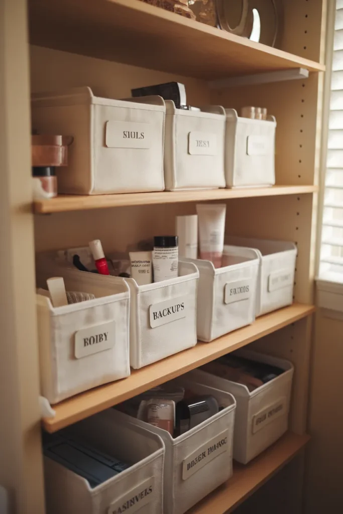 Makeup backstock stored in labeled bins in a cool dry linen closet