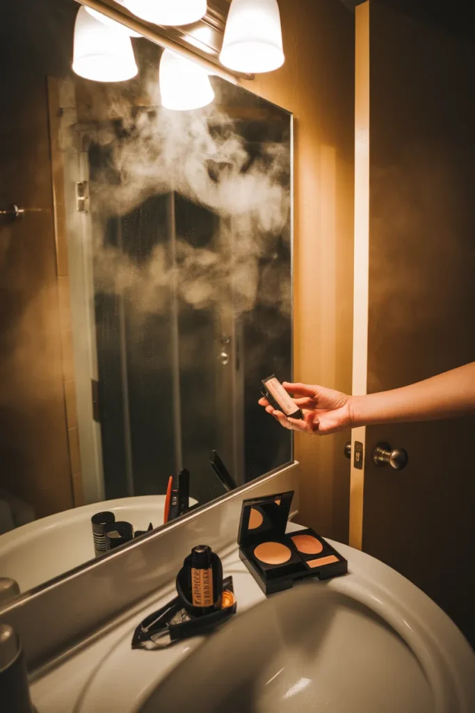 Makeup on a humid bathroom counter showing why heat-sensitive products move out