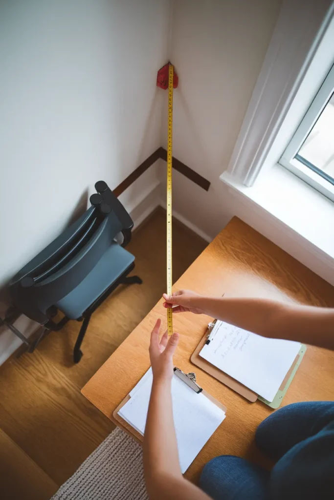 Measuring a small bedroom corner before setting up a desk workspace