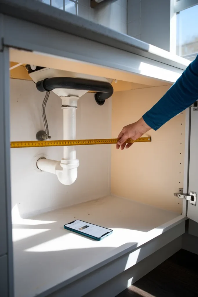 Measuring around the P-trap before buying an under sink organizer for the kitchen cabinet
